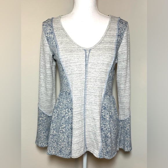 Sugarfox Boho Floral Patterned Gray Blue Tunic Flare Sleeves Women Medium - Picture 1 of 7